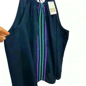 KNOX rose black embroidered stripes front cotton/rayon boho dressy tank-XXL